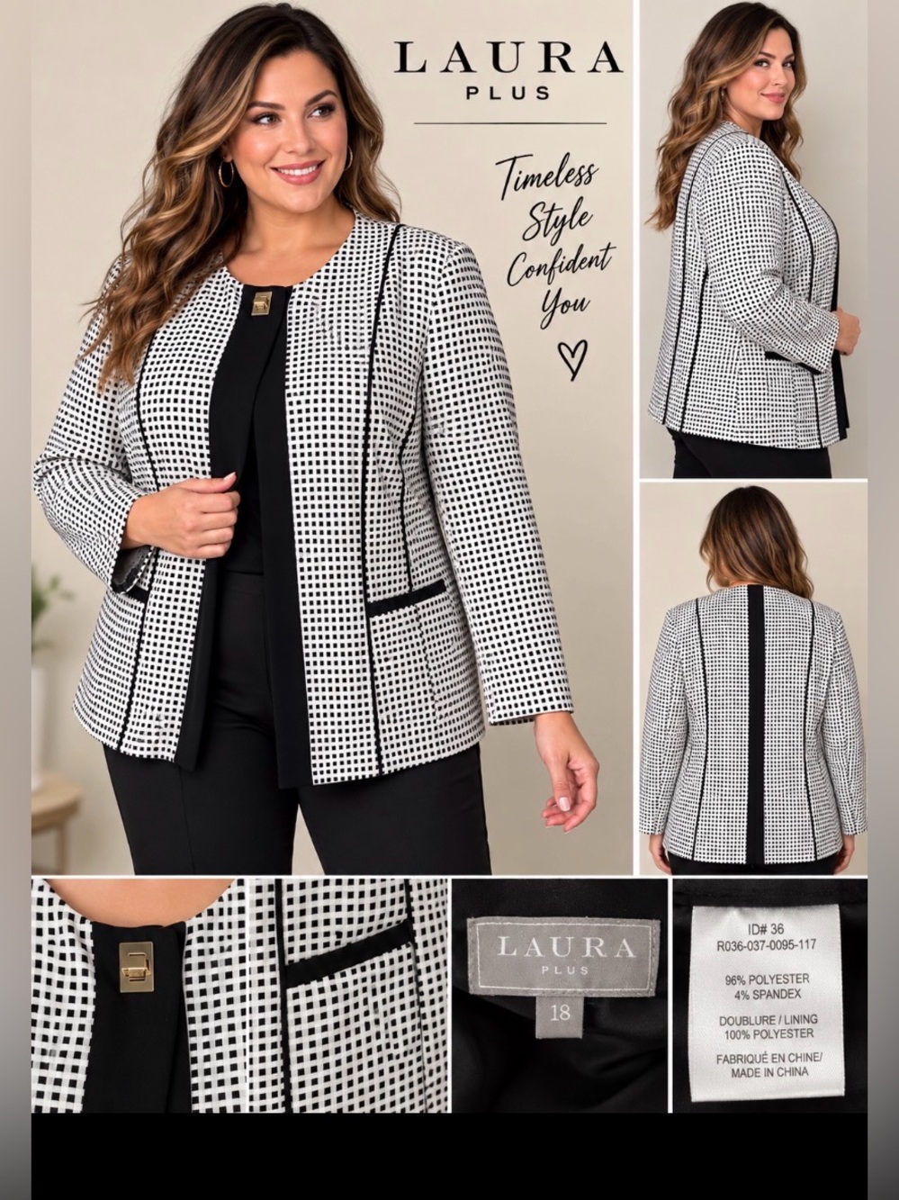 Laura Plus Size 18 Black White Check Collarless Blazer Jacket